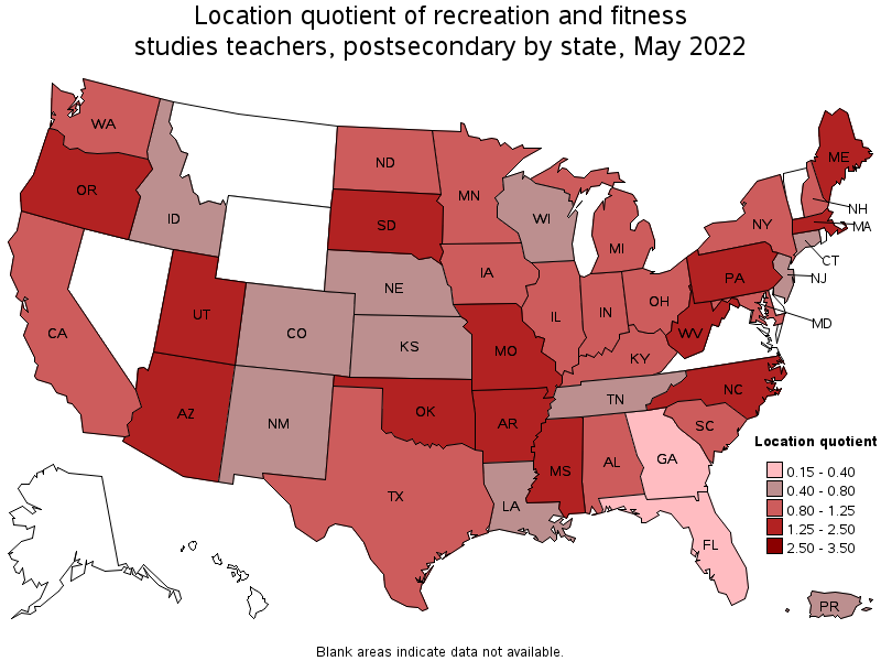 Map of location quotient of recreation and fitness studies teachers, postsecondary by state, May 2022