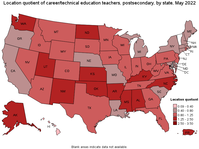Map of location quotient of career/technical education teachers, postsecondary by state, May 2022