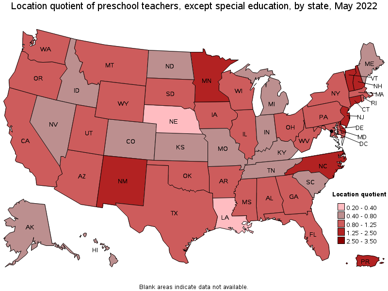 Map of location quotient of preschool teachers, except special education by state, May 2022