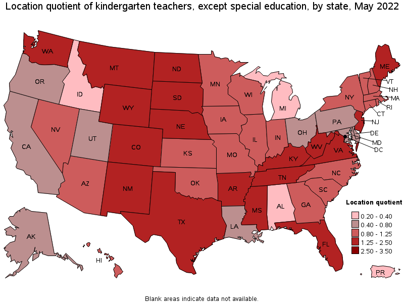 Map of location quotient of kindergarten teachers, except special education by state, May 2022