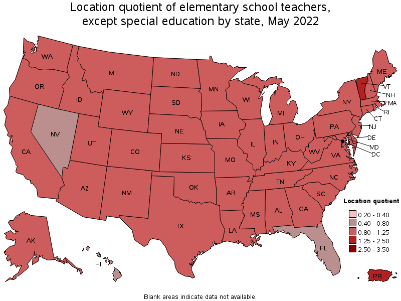Map of location quotient of elementary school teachers, except special education by state, May 2022