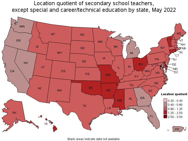 Map of location quotient of secondary school teachers, except special and career/technical education by state, May 2022