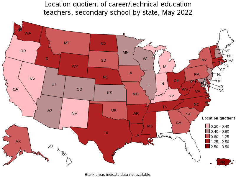 Map of location quotient of career/technical education teachers, secondary school by state, May 2022