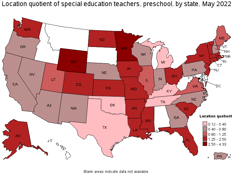 Map of location quotient of special education teachers, preschool by state, May 2022