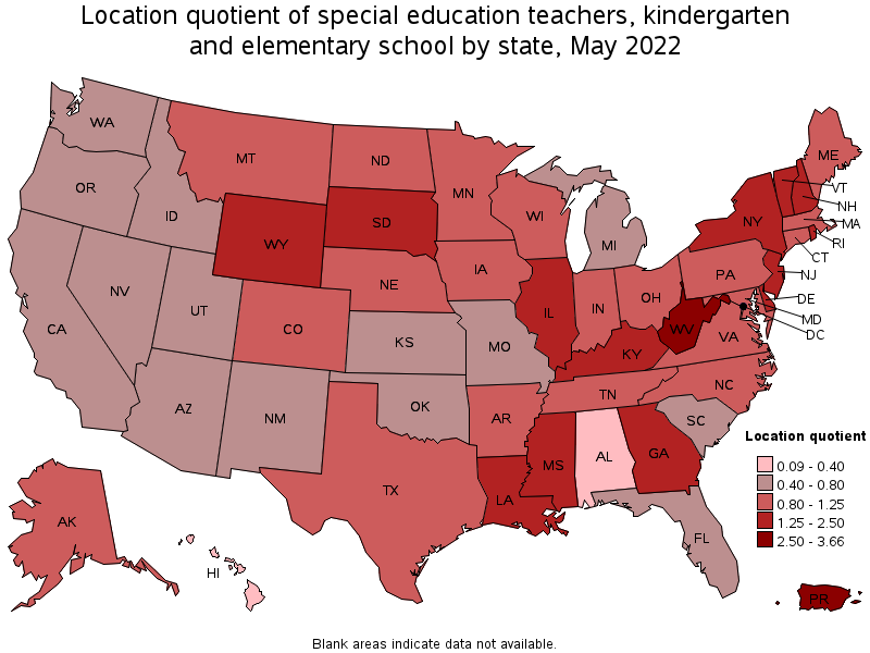 Map of location quotient of special education teachers, kindergarten and elementary school by state, May 2022