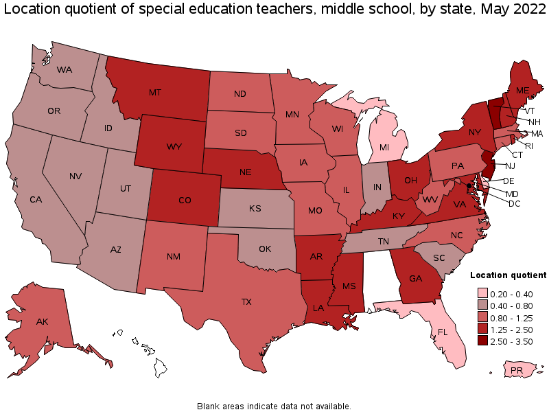 Map of location quotient of special education teachers, middle school by state, May 2022