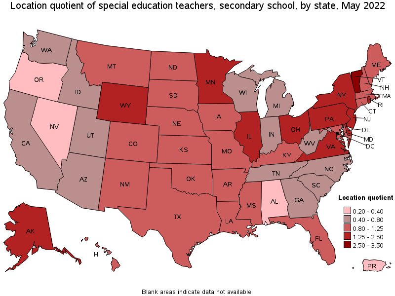 Map of location quotient of special education teachers, secondary school by state, May 2022