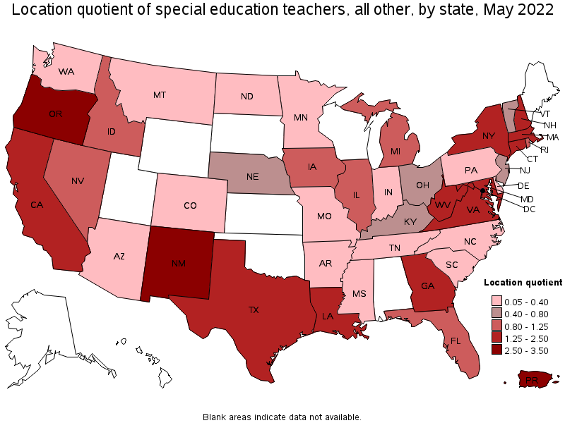 Map of location quotient of special education teachers, all other by state, May 2022