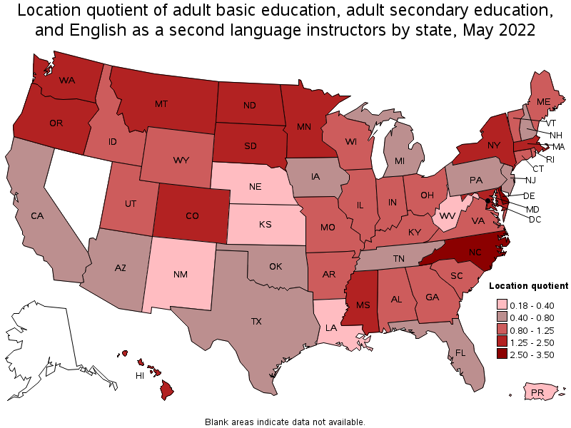 Map of location quotient of adult basic education, adult secondary education, and english as a second language instructors by state, May 2022