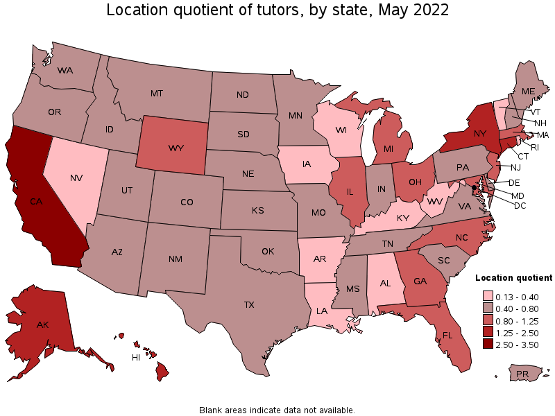 Map of location quotient of tutors by state, May 2022