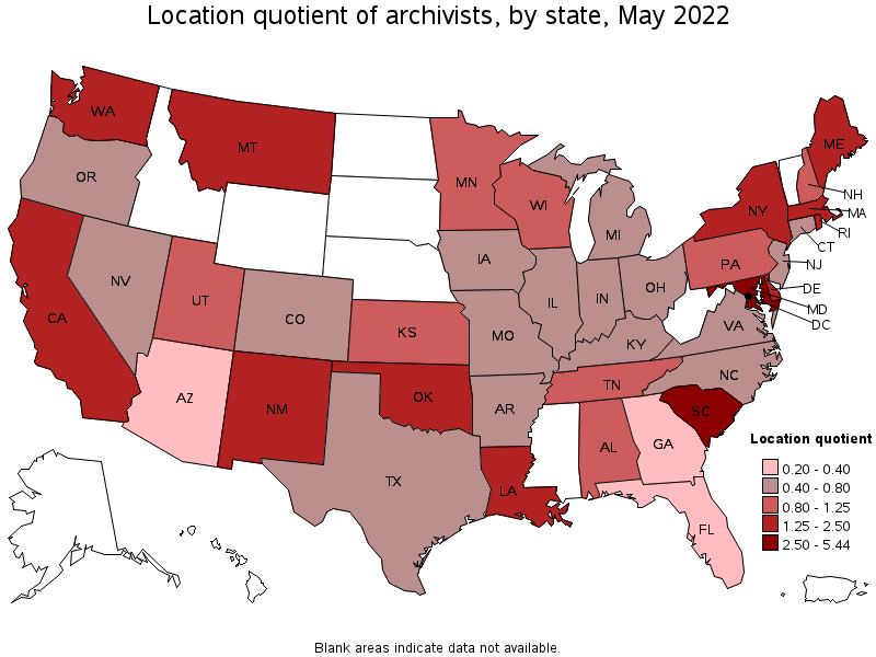 Map of location quotient of archivists by state, May 2022
