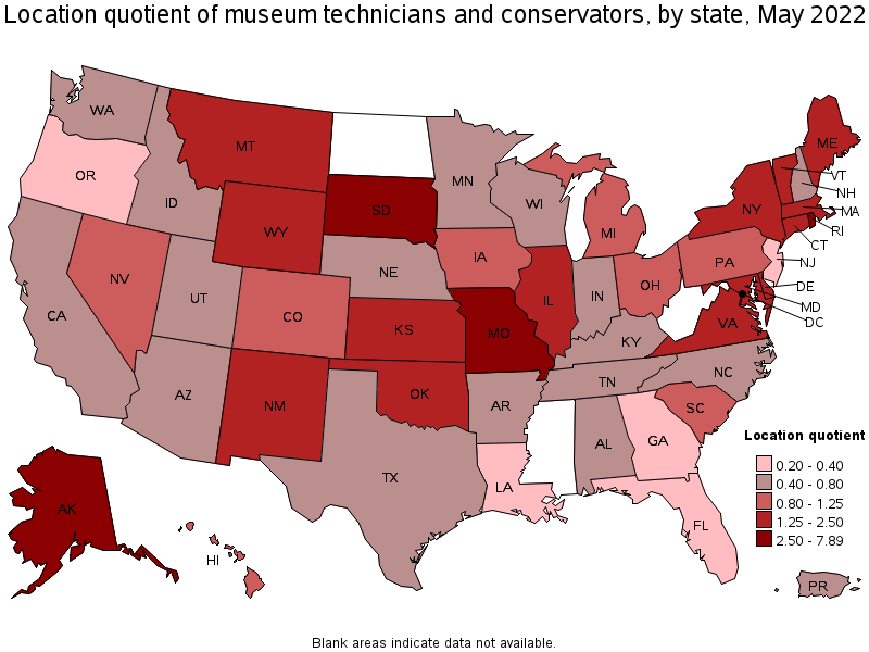 Map of location quotient of museum technicians and conservators by state, May 2022