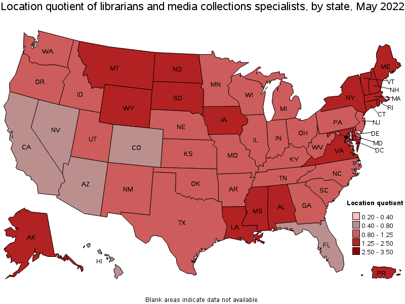 Map of location quotient of librarians and media collections specialists by state, May 2022