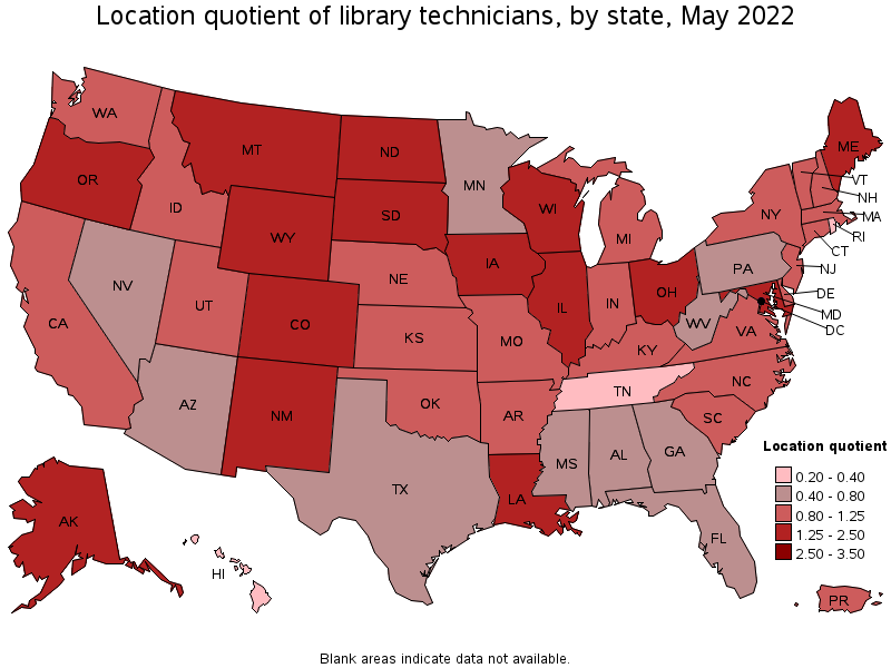 Map of location quotient of library technicians by state, May 2022