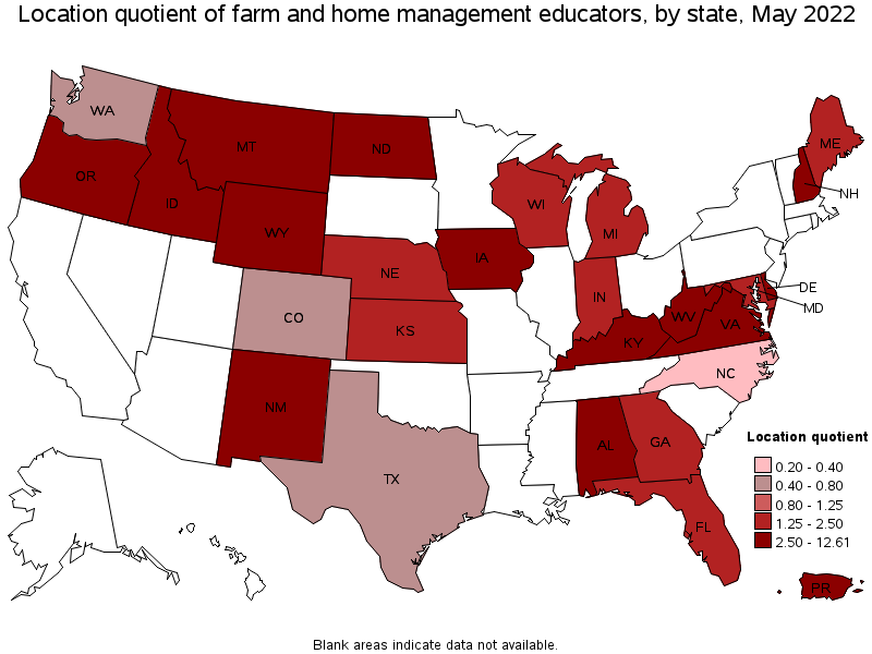 Map of location quotient of farm and home management educators by state, May 2022