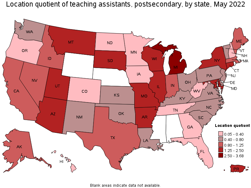Map of location quotient of teaching assistants, postsecondary by state, May 2022