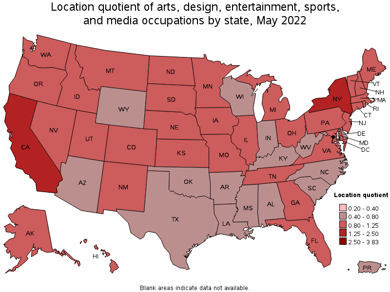 Map of location quotient of arts, design, entertainment, sports, and media occupations by state, May 2022