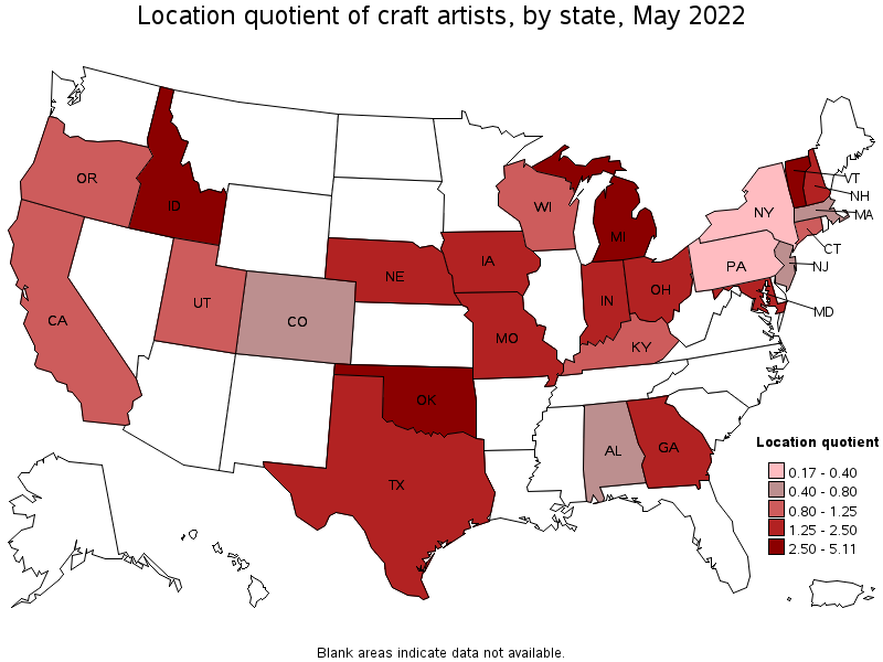 Map of location quotient of craft artists by state, May 2022