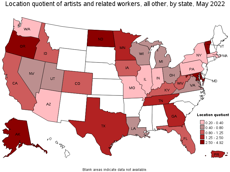 Map of location quotient of artists and related workers, all other by state, May 2022