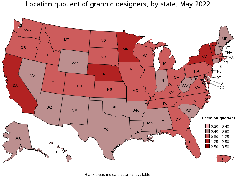 Map of location quotient of graphic designers by state, May 2022