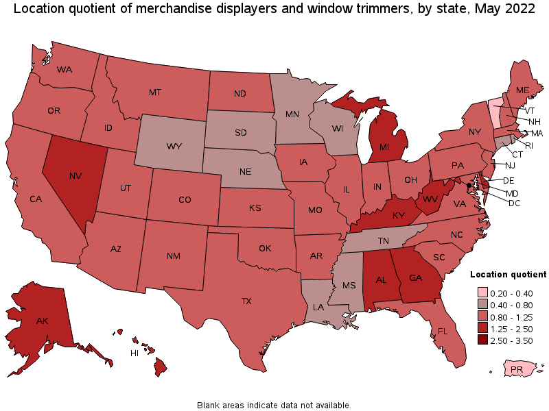 Map of location quotient of merchandise displayers and window trimmers by state, May 2022