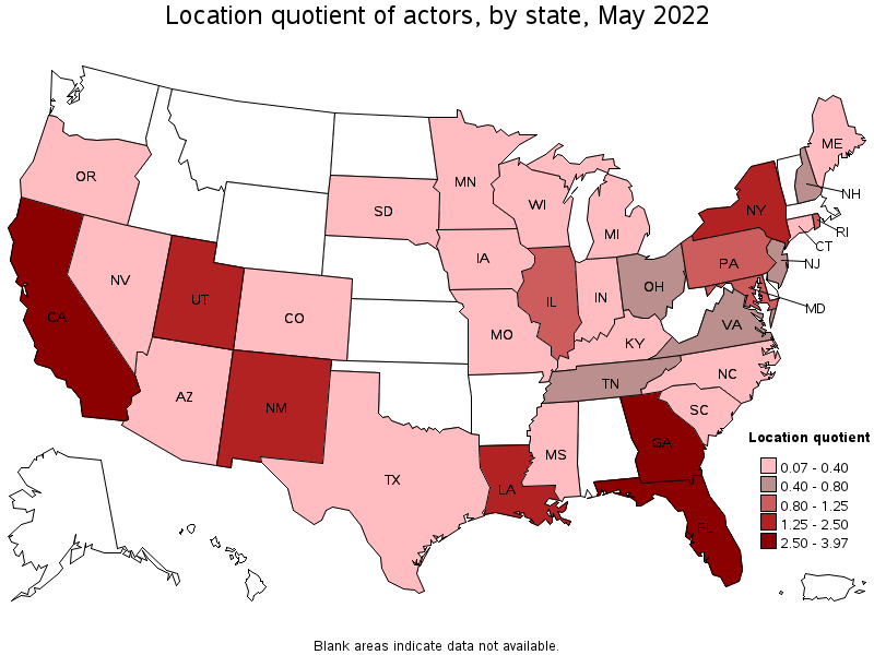 Map of location quotient of actors by state, May 2022