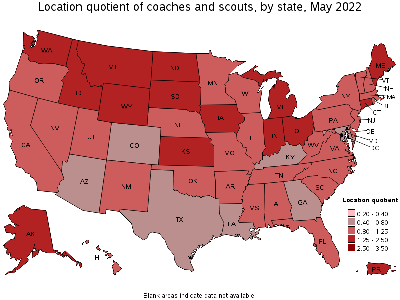Map of location quotient of coaches and scouts by state, May 2022