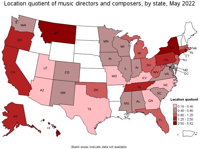 Map of location quotient of music directors and composers by state, May 2022