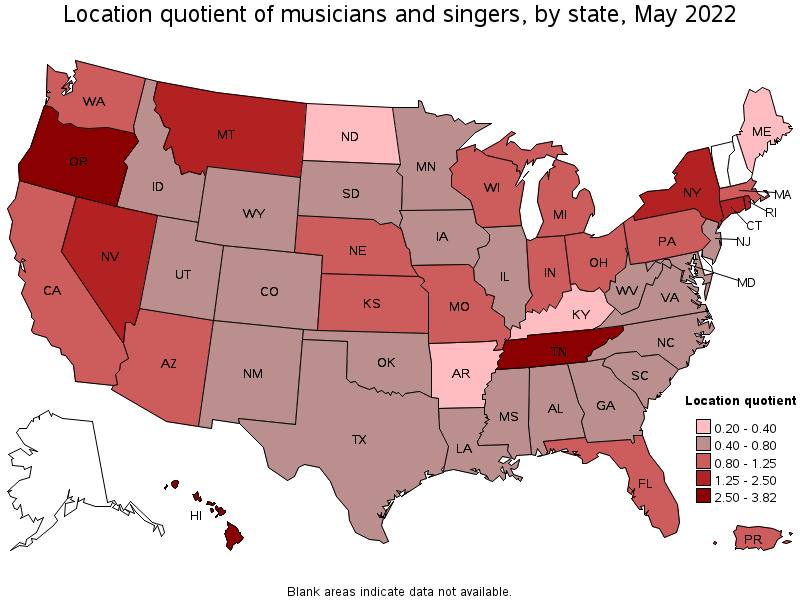 Map of location quotient of musicians and singers by state, May 2022
