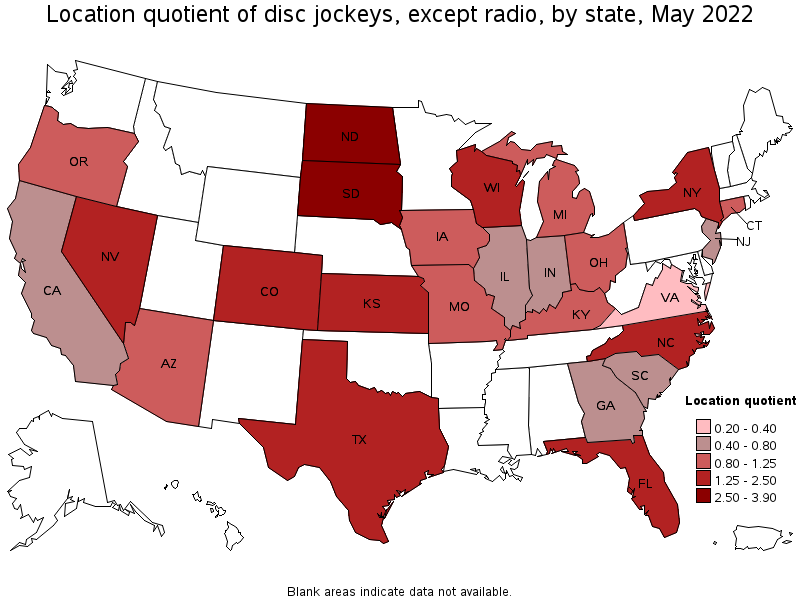 Map of location quotient of disc jockeys, except radio by state, May 2022