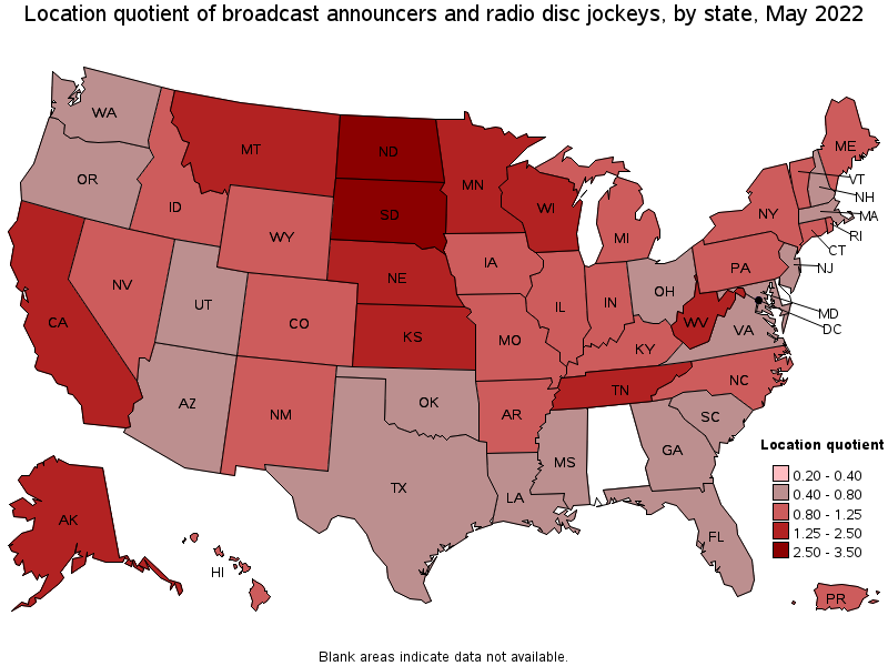 Map of location quotient of broadcast announcers and radio disc jockeys by state, May 2022