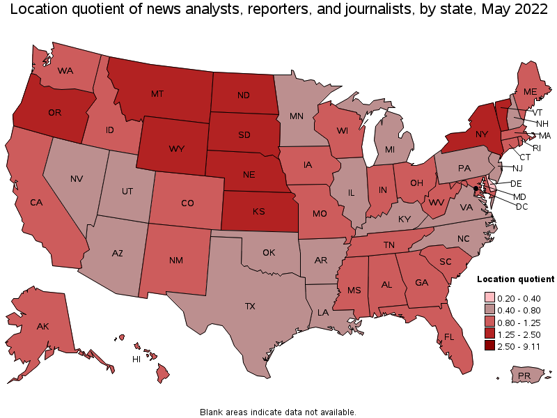 Map of location quotient of news analysts, reporters, and journalists by state, May 2022