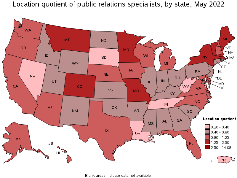 Map of location quotient of public relations specialists by state, May 2022