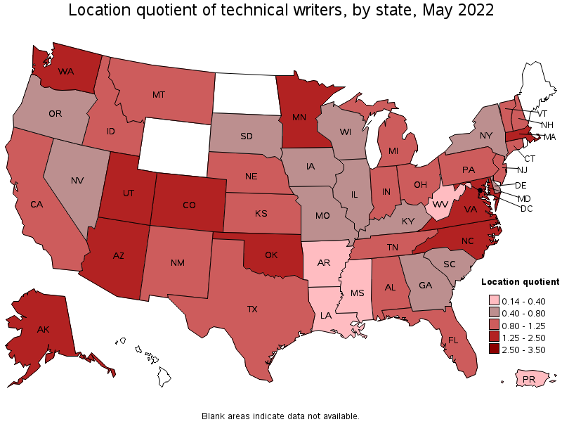 Map of location quotient of technical writers by state, May 2022
