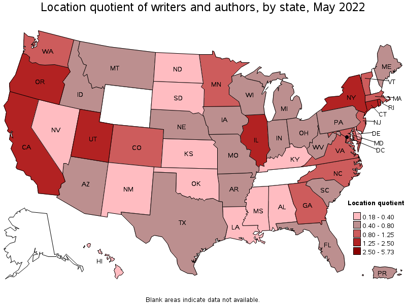 Map of location quotient of writers and authors by state, May 2022
