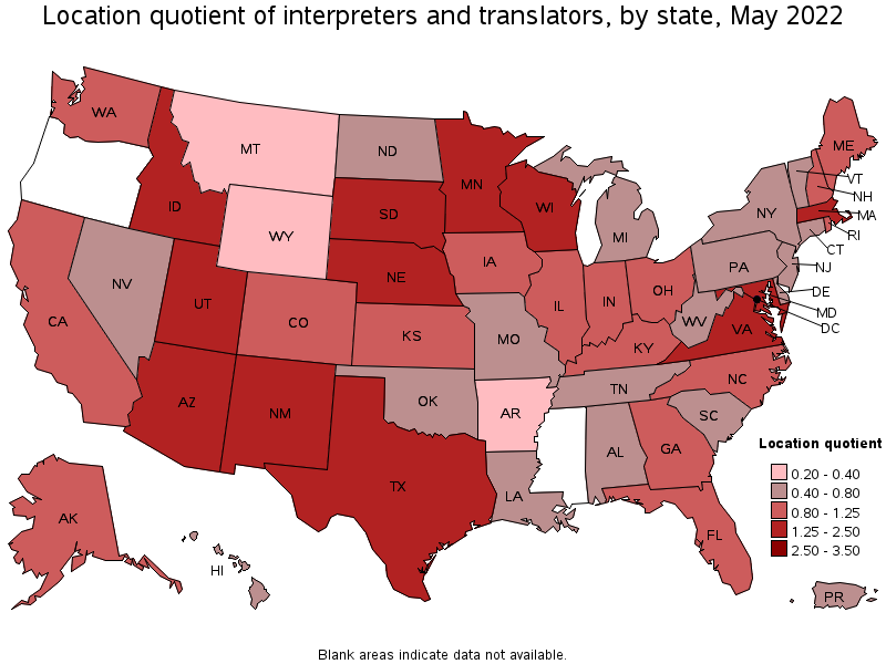 Map of location quotient of interpreters and translators by state, May 2022