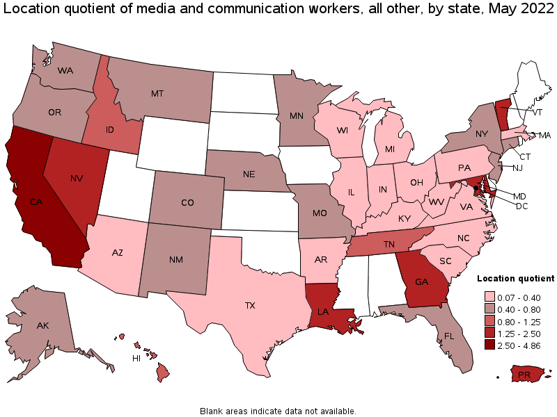 Map of location quotient of media and communication workers, all other by state, May 2022