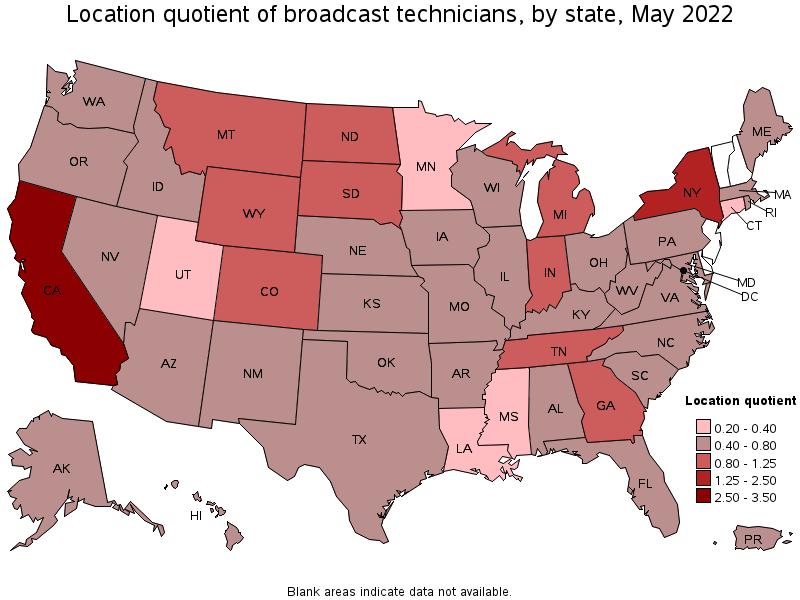 Map of location quotient of broadcast technicians by state, May 2022