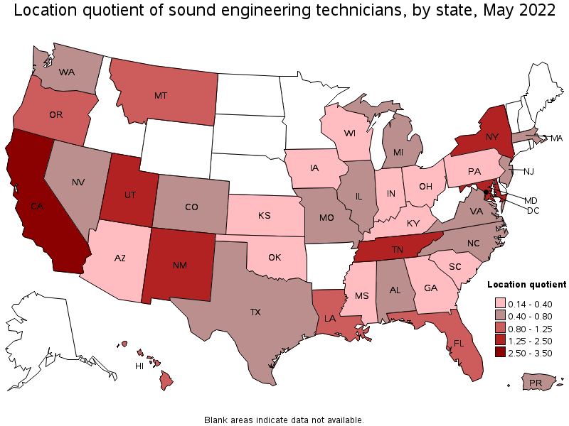 Map of location quotient of sound engineering technicians by state, May 2022