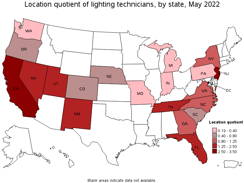 Map of location quotient of lighting technicians by state, May 2022
