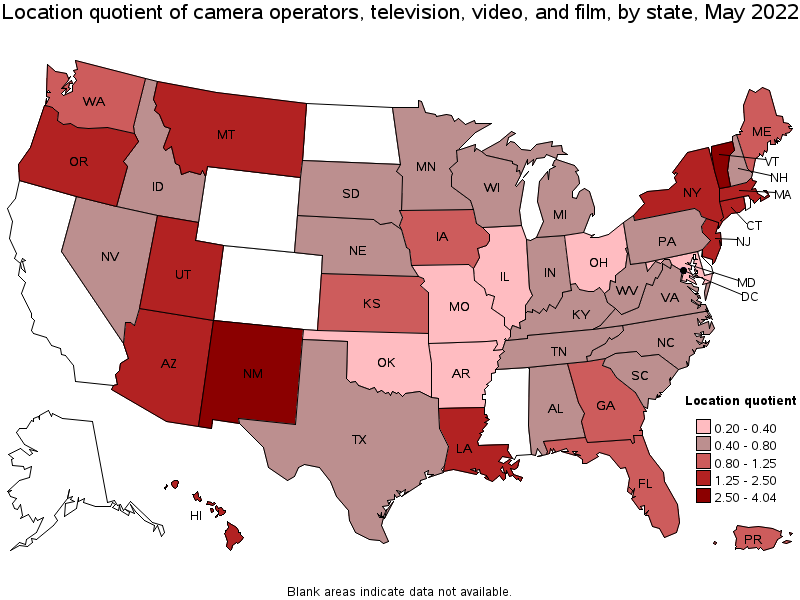 Map of location quotient of camera operators, television, video, and film by state, May 2022