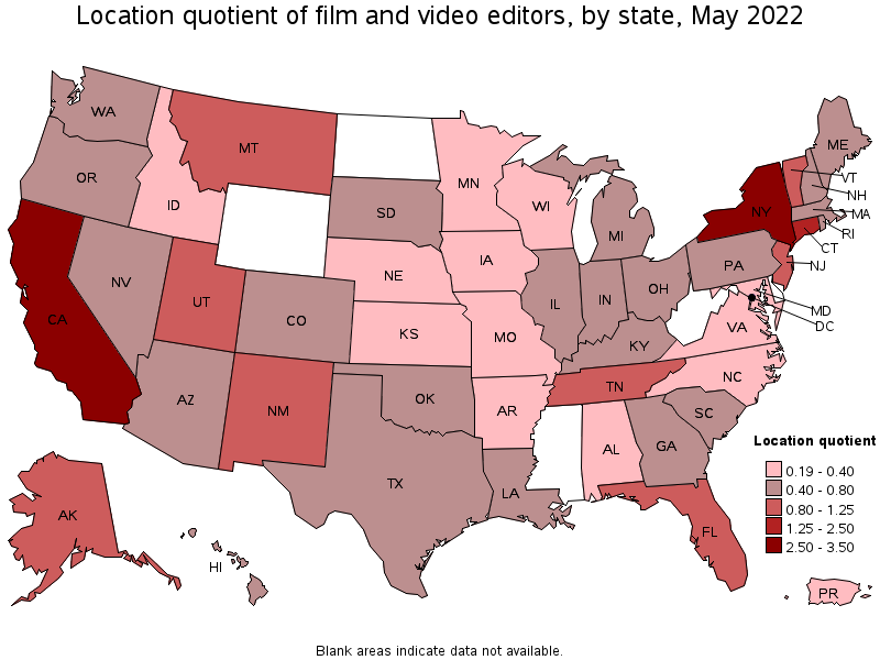Map of location quotient of film and video editors by state, May 2022