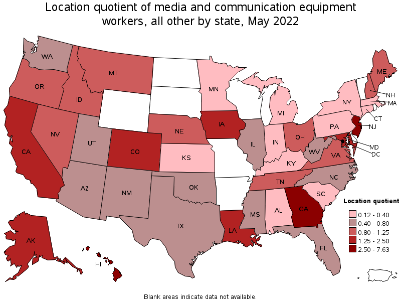Map of location quotient of media and communication equipment workers, all other by state, May 2022