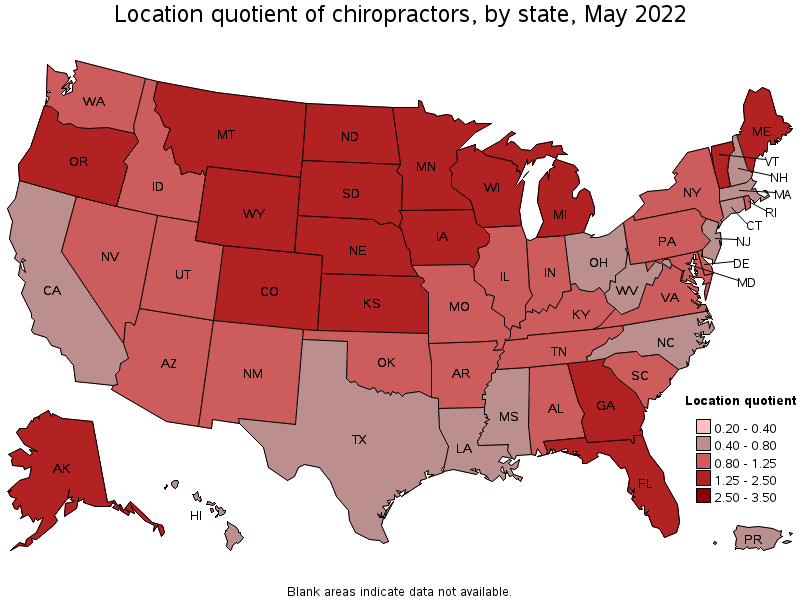 Map of location quotient of chiropractors by state, May 2022