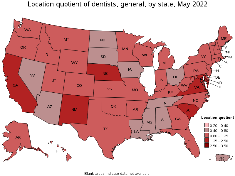 Map of location quotient of dentists, general by state, May 2022