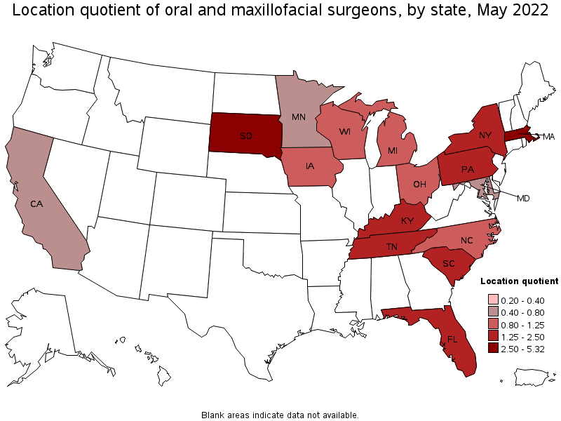Map of location quotient of oral and maxillofacial surgeons by state, May 2022
