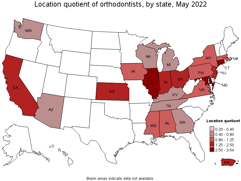Map of location quotient of orthodontists by state, May 2022