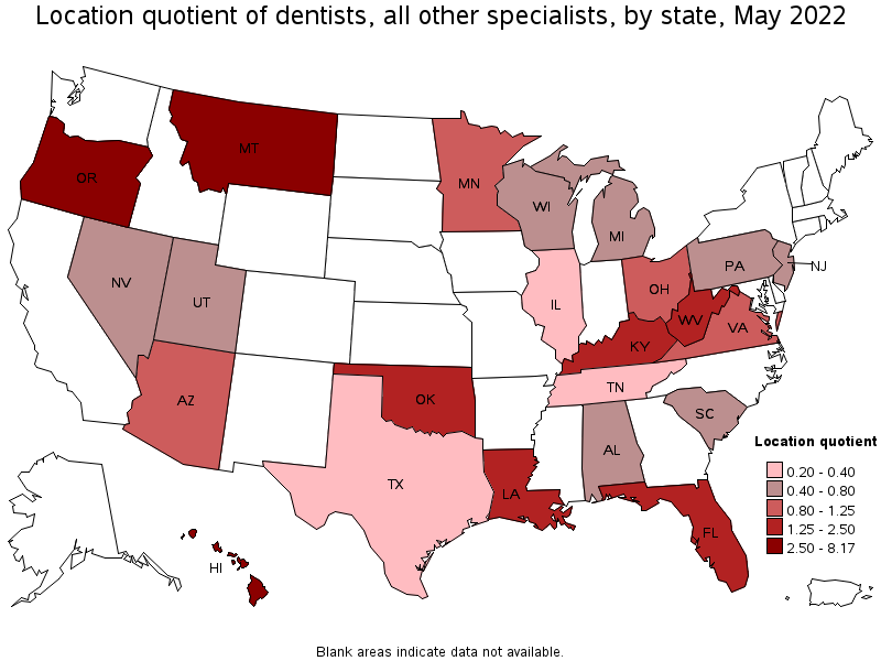 Map of location quotient of dentists, all other specialists by state, May 2022