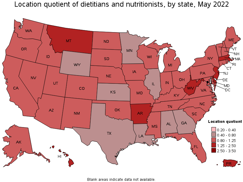 Map of location quotient of dietitians and nutritionists by state, May 2022