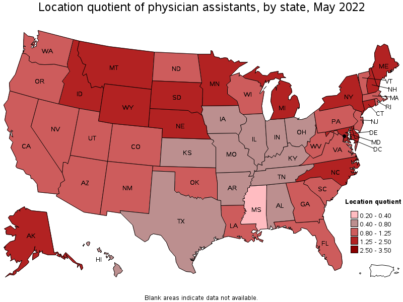 Map of location quotient of physician assistants by state, May 2022